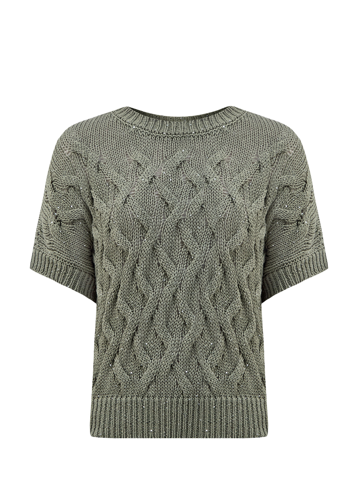 

Хлопковый джемпер узорной вязки с миниатюрными пайетками, Зеленый, Хлопковый джемпер узорной вязки с миниатюрными пайетками